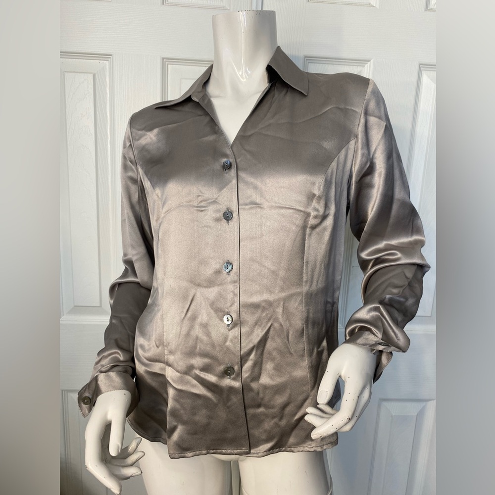 💯Silk Zanella Satin Button-Down Shirt in Silver